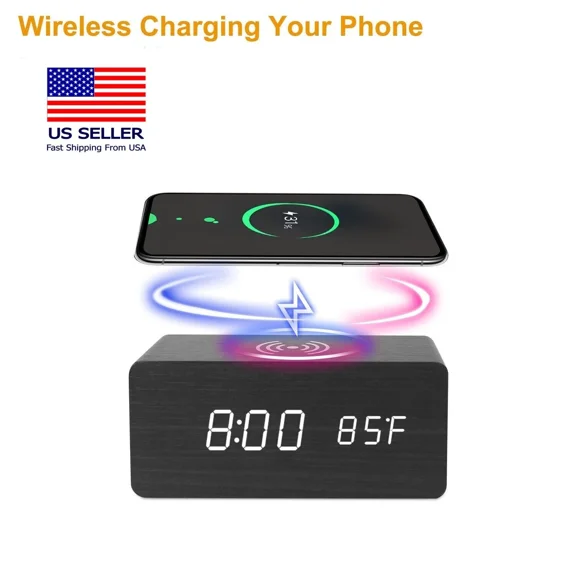 CRESTIN- Led Desk Alarm Clock With Wooden Finish, Thermometer, And Qi Wireless Charge
