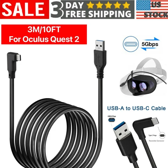 CRESTIN- Link Cable For Oculus Quest 2 Type-C 3.2 Right Angle To Usb A Charging Cord 10Ft