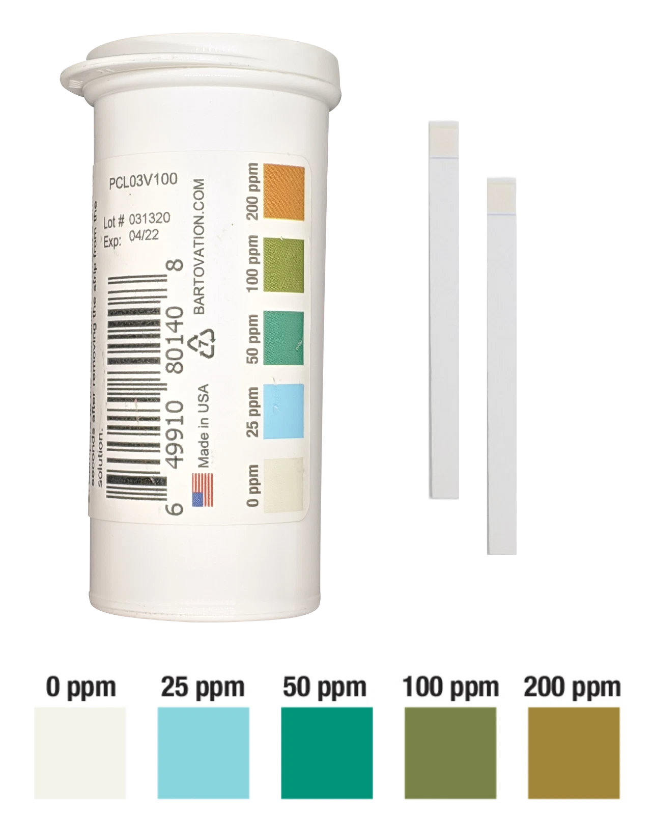 CRESTIN- Mid-Level Chlorine Test Strips, 0-200 Ppm [Vial Of 100 Plastic Strips]