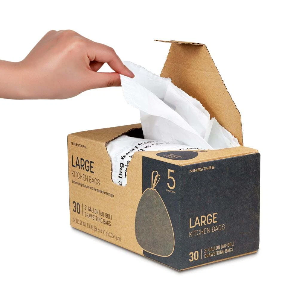 CRESTIN- Nine Stars 21 Gallon, White, Kitchen Trash Bags With Drawstring Closure, 30 Pack