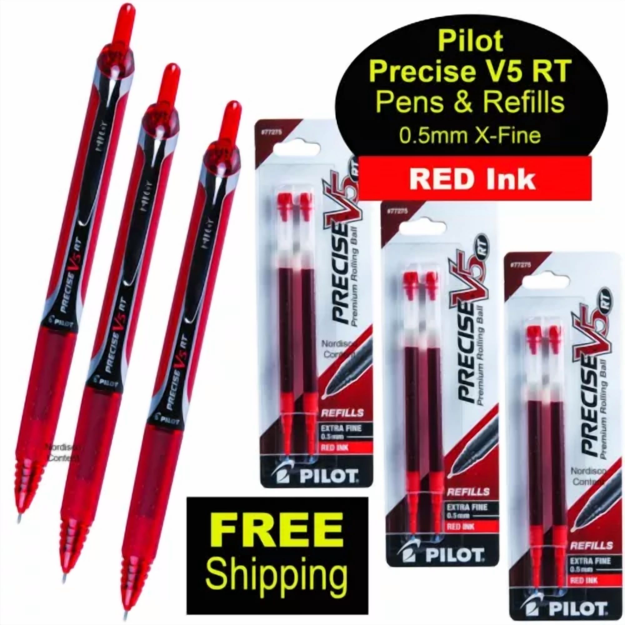 CRESTIN- Pilot Precise V5 Rt Red Ink, 0.5Mm Extra Fine, 3 Pens With 3 Packs Of Refills