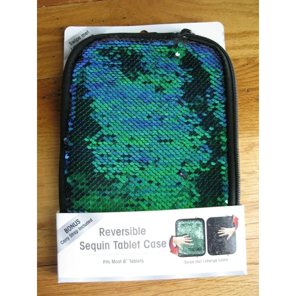 CRESTIN- Reversible Sequin Tablet Case For 8" Tablet &Carry Strap Mermaid Green Black New