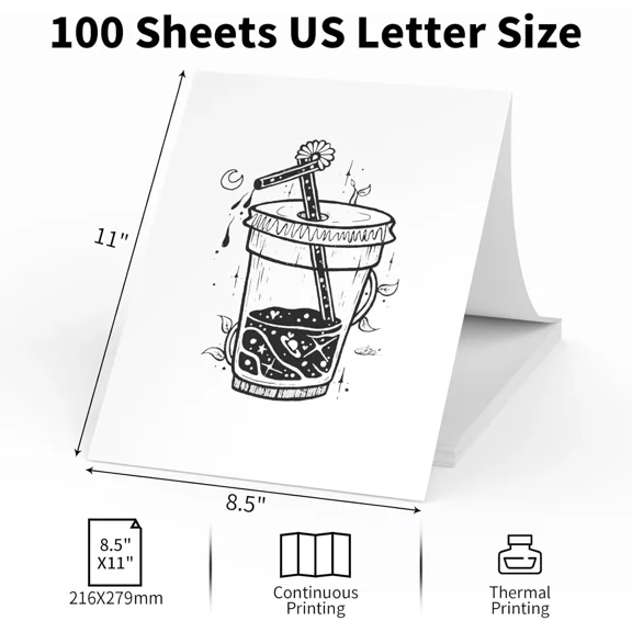 CRESTIN- SIANA- 100-Sheets Folded Continuous A4 Thermal Paper 8.5"X11" M08F Printer Quick-Dry Us