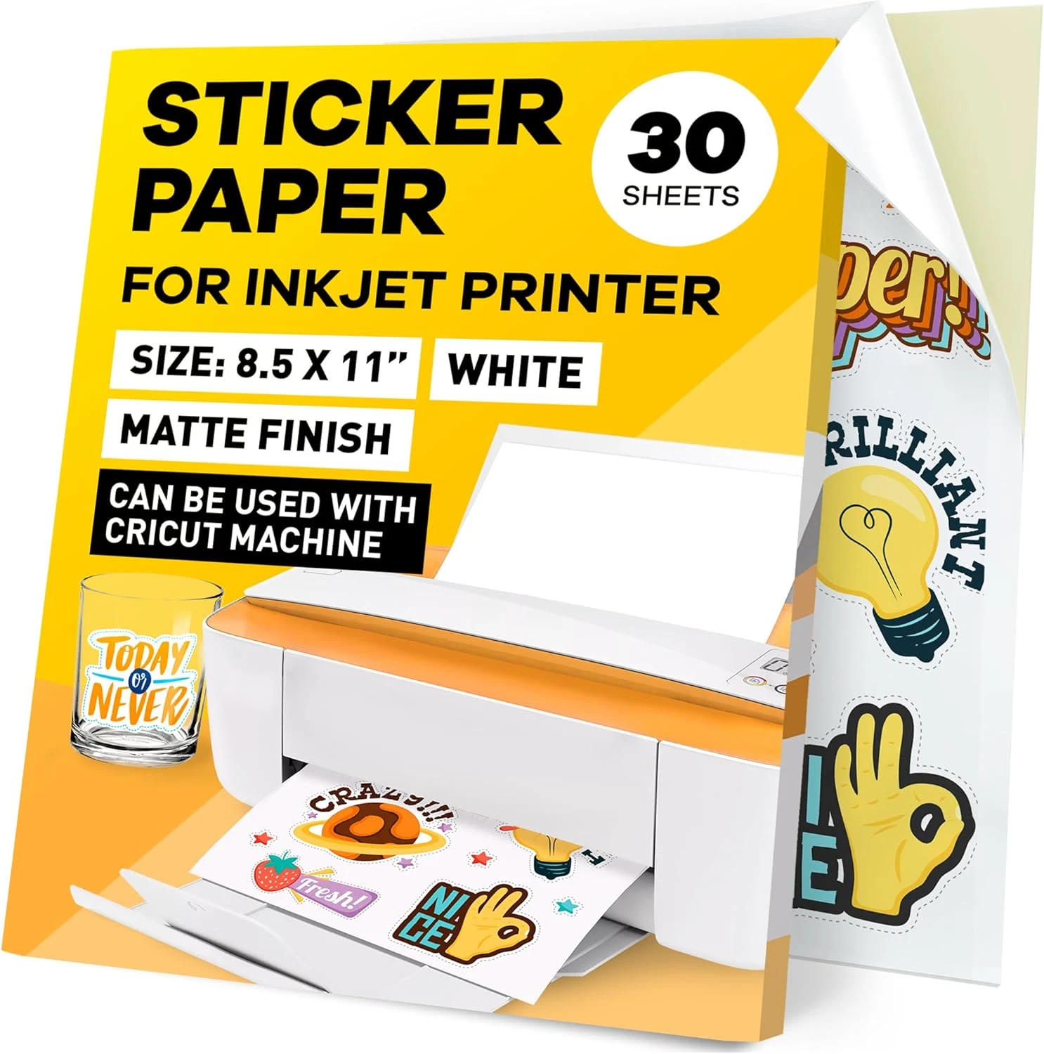 CRESTIN- Sticker Paper For Inkjet Printer - (30 Sheets), 8.5 X 11" Letter Size, Glossy Vi