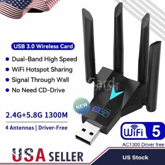 CRESTIN- Usb 3.0 Wireless Wifi Adapter 1300Mbps Long Range Dongle Dual Band 5Ghz Network