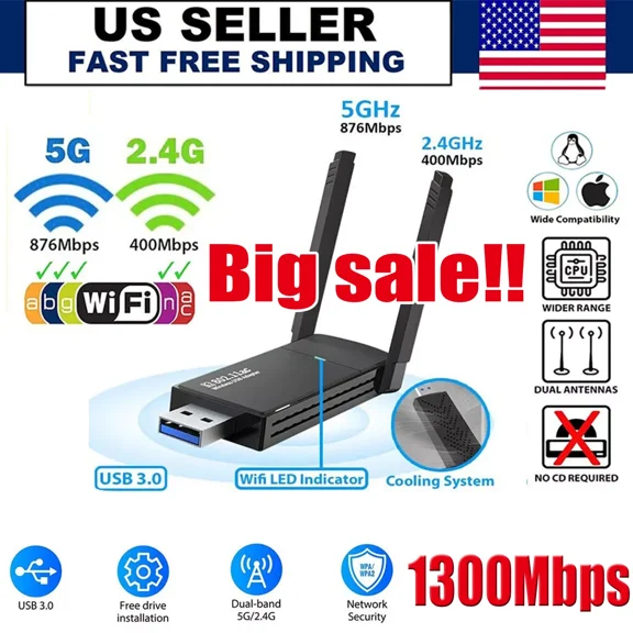 CRESTIN- Usb 3.0 Wireless Wifi Adapter 1300Mbps Long Range Dongle Dual Band 5Ghz Network