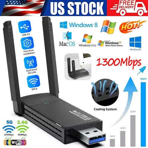 CRESTIN- Usb 3.0 Wireless Wifi Adapter 1300Mbps Long Range Dongle Dual Band 5Ghz Network