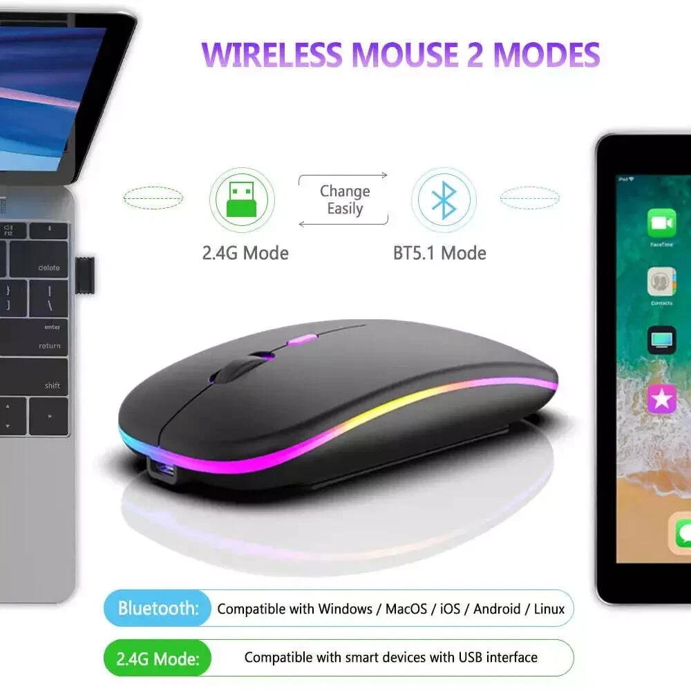 CRESTIN- Wireless Mouse Bluetooth And 2.4Ghz Dual Modes Rechargeable Rgb Ergonomic Silent