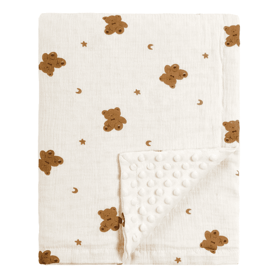 CREVENT Soft Lightweight Brown Bear Muslin Cotton Minky Baby Receiving Blanket