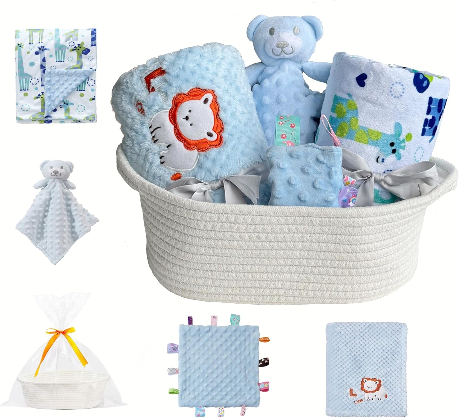 CREVENT Baby Gift Set Storage Basket with 2 Baby Blanket,1 Security Blanket,1 Taggie,1 Gift Bag with Ribbon, Blue, Unisex, 5Items