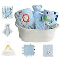 thumbnail image 1 of CREVENT Baby Gift Set Storage Basket with 2 Baby Blanket,1 Security Blanket,1 Taggie,1 Gift Bag with Ribbon, Blue, Unisex, 5Items, 1 of 6