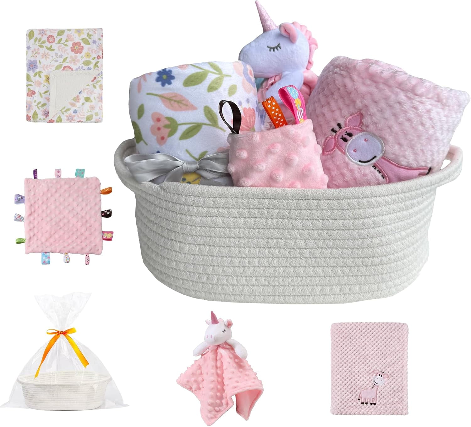 CREVENT Baby Gift Set Storage Basket with 2 Baby Blanket,1 Security Blanket,1 Taggie,1 Gift Bag with Ribbon, Pink, Unisex, 5Items
