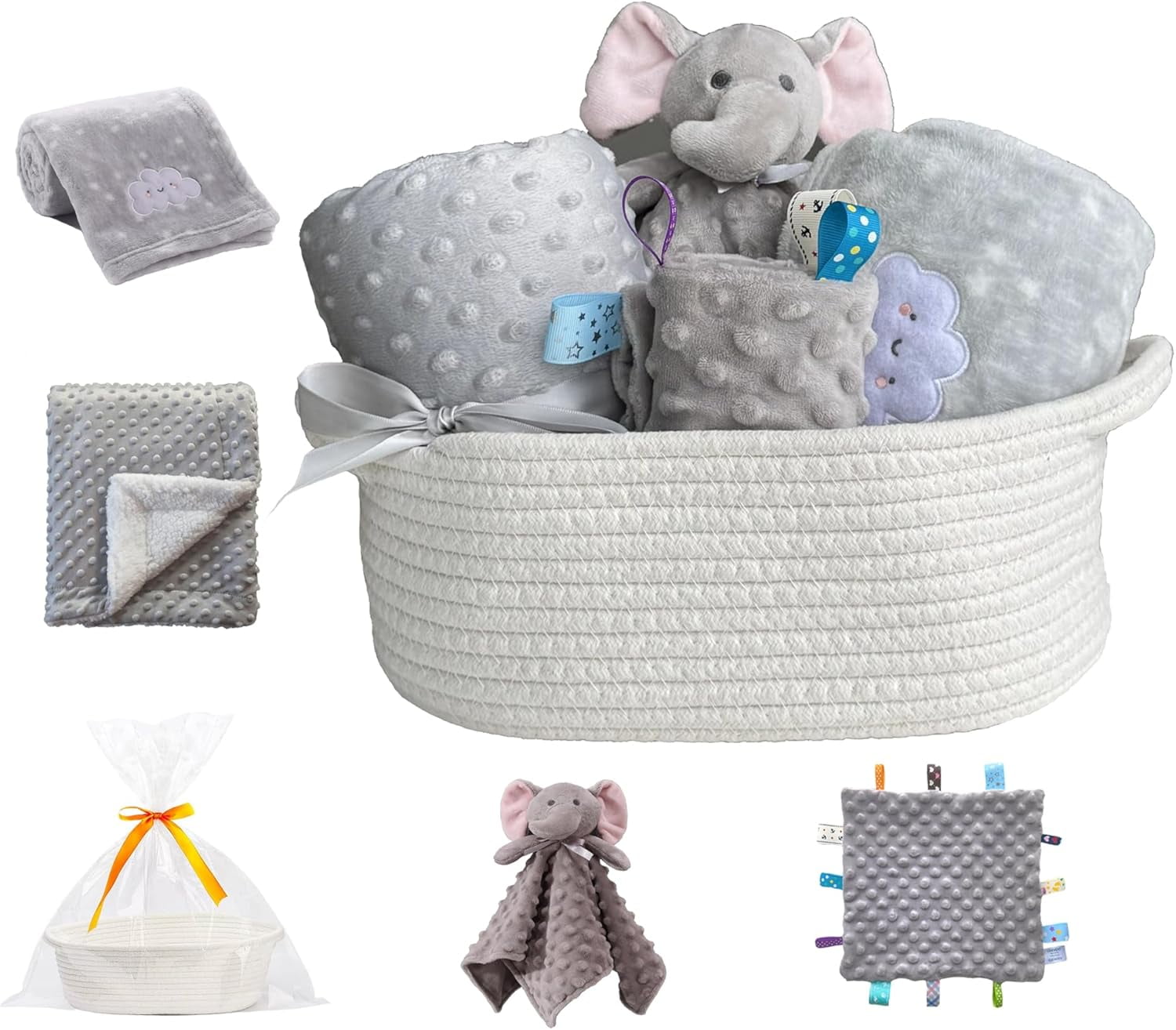 CREVENT Baby Gift Set Storage Basket with Baby Blanket,Security Blanket,Taggie,Gift Bag with Ribbon,Grey,Unisex,4Items