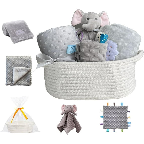 CREVENT Baby Gift Set Storage Basket with Baby Blanket,Security Blanket,Taggie,Gift Bag with Ribbon,Grey,Unisex,4Items