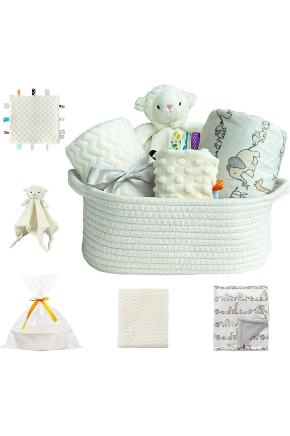 Baby Gift Set Storage Basket with Baby Blanket,Security Blanket,Taggie,Gift Bag with Ribbon,Ivory,Unisex,4Items