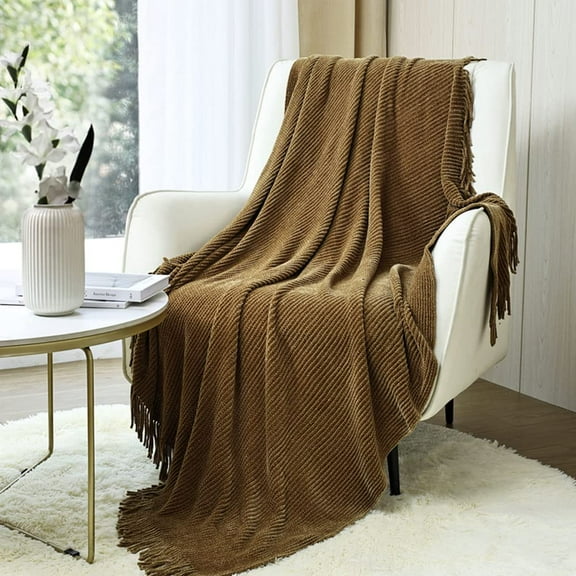 CREVENT Boho Chenille Throw Blanket for Couch Sofa Chair Bed Home Decoration, Super Soft Warm Cozy Knit Blanket for All Season (50''X60'' Coffee/Prairie Sand)