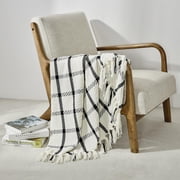 CREVENT Breathable Warm Black and White Chenille Plaid Throw Blanket with Tassles,60''x80''