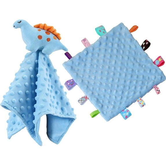 CREVENT Cozy Plush Baby Security Blanket Loveys for Baby Boys, Minky Dot Front + Sherpa Backing with Animal Face (Blue Dinosaur + Tag)