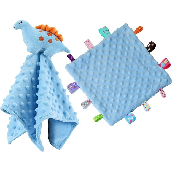 CREVENT Cozy Plush Baby Security Blanket Loveys for Baby Boys, Minky Dot Front + Sherpa Backing with Animal Face (Blue Dinosaur + Tag)
