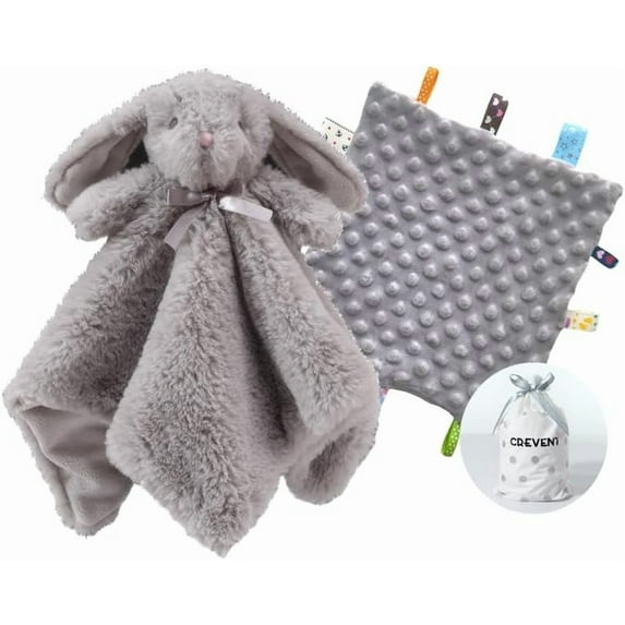 CREVENT Cozy Plush Baby Security Blanket SET for Newborns Baby Boys Girls, Baby Shower Gift, 2 items, Unisex, Grey Bunny+Tag