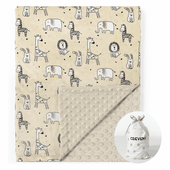 CREVENT Warm Plush Beige Zoo Minky Baby Receiving Blanket