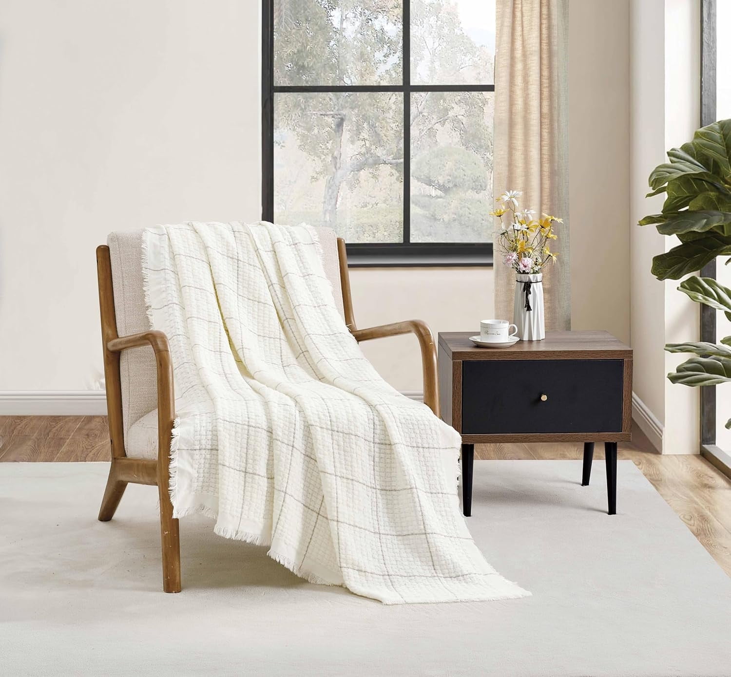 CREVENT Farmhouse Boho Knitted Throw Blanket for Couch Sofa Chair Bed Home Decoration, Soft Warm Cozy Light Weight for Spring Summer Fall (50''X60'' /Cream)