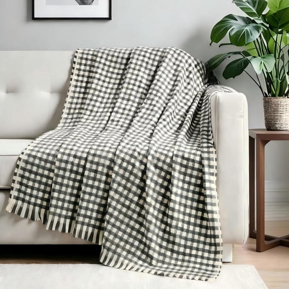 CREVENT Soft Warm Farmhouse Plaid Black Knitted Throw Blanket,50''x60''