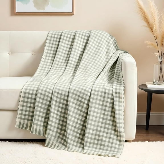 CREVENT Soft Warm Farmhouse Plaid Green Knitted Throw Blanket,50''x60''