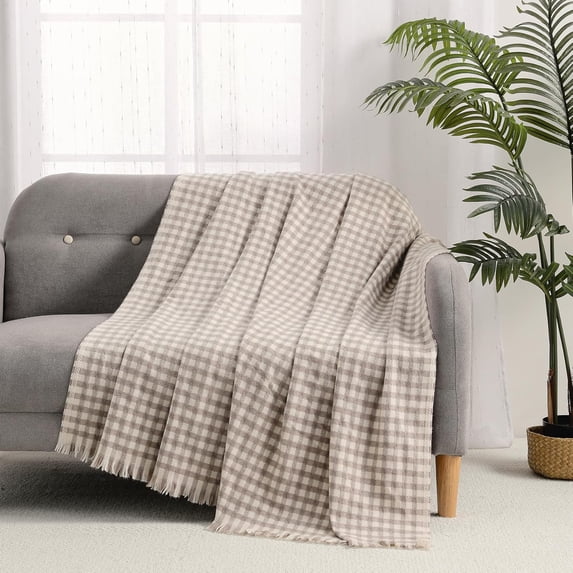 CREVENT Soft Warm Farmhouse Plaid Tan Knitted Throw Blanket,50''x60''
