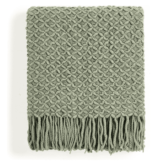 CREVENT Farmhouse Boho Knitted Throw Blanket for Couch Sofa Chair Bed Home Decoration, Soft Warm Cozy Light Weight for Spring Summer Fall (50''X60'' Sage Green)
