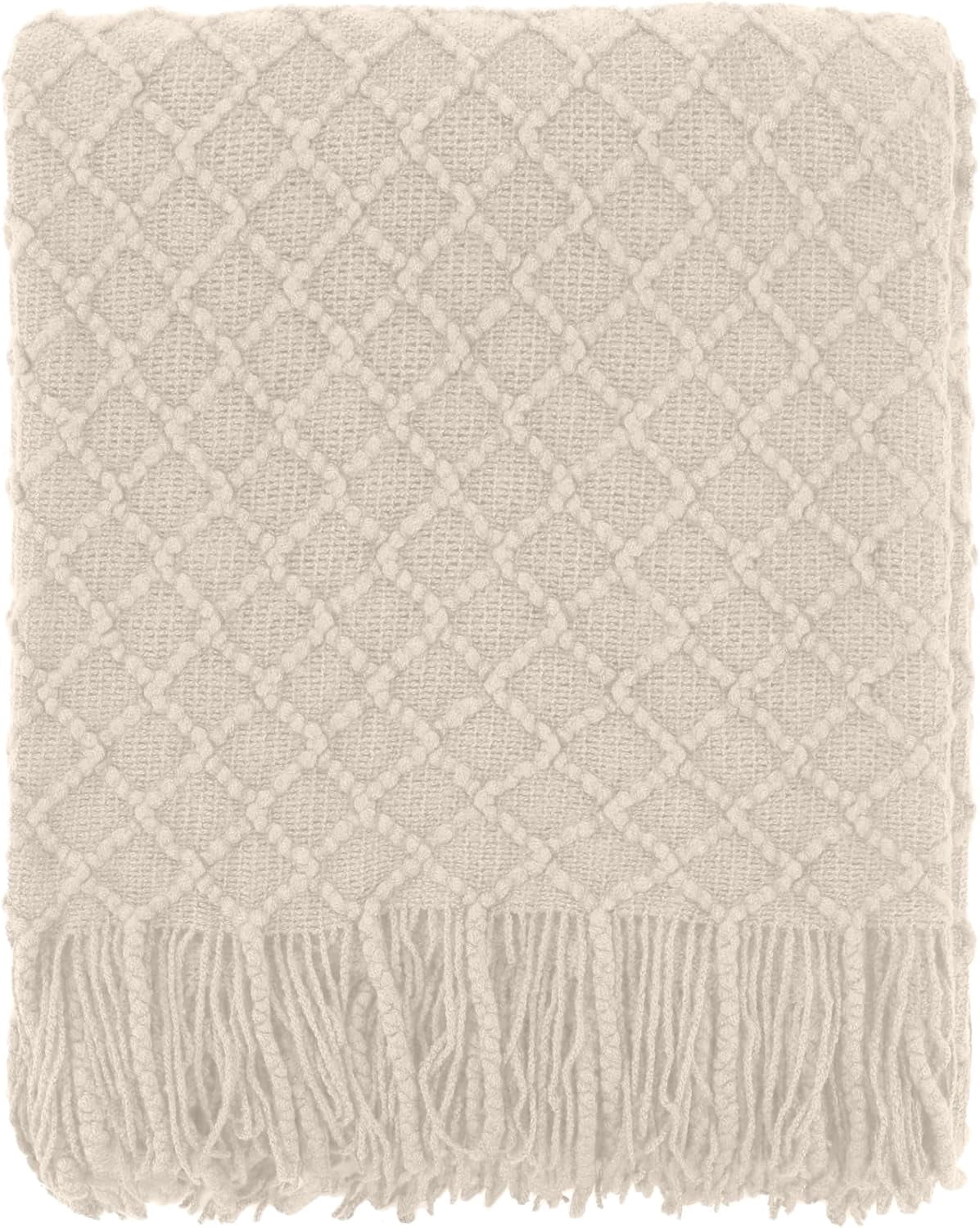 CREVENT Farmhouse Boho Knitted Throw Blanket for Couch Sofa Chair Bed Home Decoration, Soft Warm Cozy Light Weight for Spring Summer Fall (60''X80'' Beige)