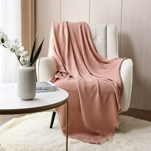 CREVENT Farmhouse Waffle Knit Throw Blanket for Couch Sofa Chair Bed Home Decoration, Soft Warm Cozy Light Weight for Spring Summer Fall (50''X60'' Coral Pink)