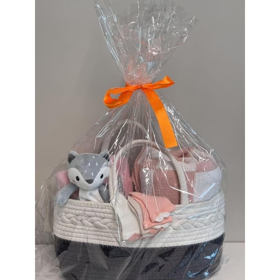 CREVENT Gift Set for Girls Boys -Diaper Caddy Organizer Basket with 2 Blankets, 1 Taggie, 1 Lovey, 3 Socks2 Baby Bodysuits1 Gift Bag with Ribbon - Newborn Essential Baby Shower