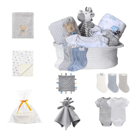 CREVENT Gift Set for Girls Boys,Diaper Caddy Organizer Basket with 2 Blankets,1 Taggie,1 Lovey, 3 Socks,2 Baby Bodysuits,1 Gift Bag with Ribbon,Newborn Essential Baby Shower