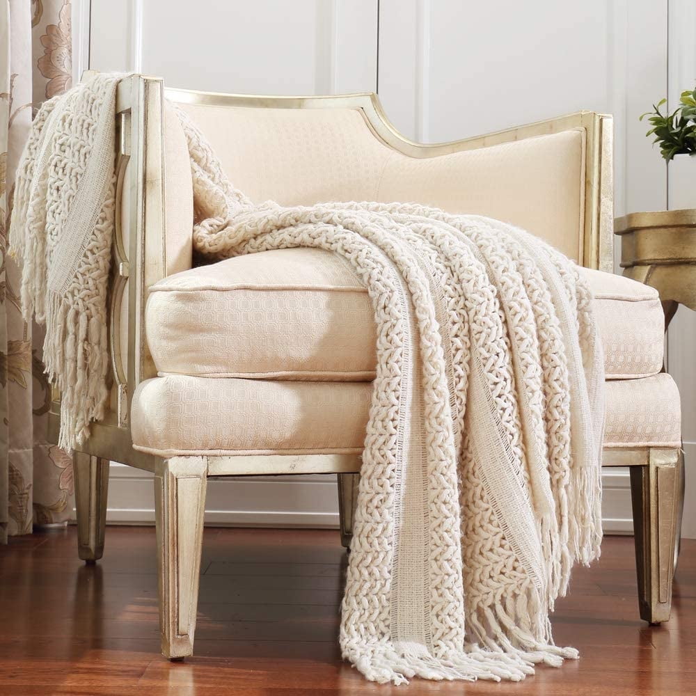 Beige Knitted Reversible Throw Blanket for Travel and Home