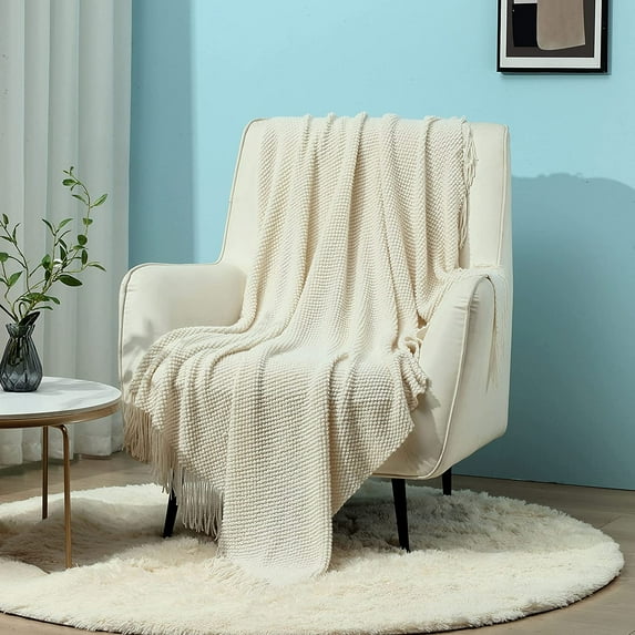 CREVENT Lightweight Knit Throw Blanket for Couch Sofa Chair - Soft and Decorative for Spring Summer Fall (50''X60'' Ivory/Off White)