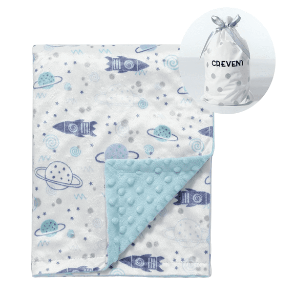 CREVENT Soft Cozy Boys Blue Space Minky Baby Receiving Blanket