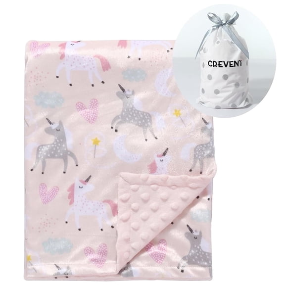 CREVENT Soft Cozy Girls Pink Unicorn Minky Baby Receiving Blanket