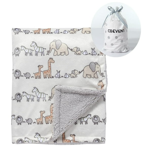 CREVENT Minky Sherpa Baby Blanket for Girls Boys, Soft Plush Receiving Blanket for Newborns - 30x40 Inches (Ivory Animals)