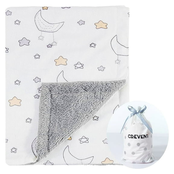 CREVENT Minky Sherpa Warm Baby Blanket for Boys Girls,Soft Plush Receiving Blanket for Newborns, 30''x40'', Grey Moon Star