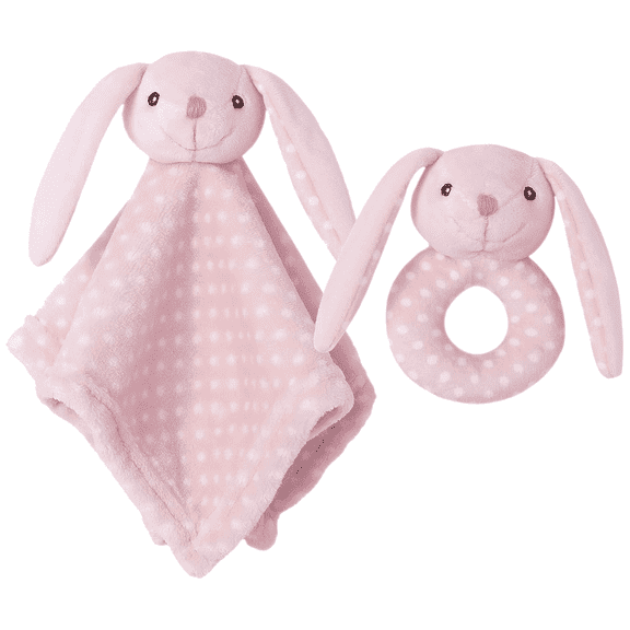 CREVENT Plush Ring Baby Security Blanket GIFT SET for Baby Boys and Girls, Baby shower Birthday Gift,Blanket with Ring Shaker Toy,Unisex,2Items,Bunny