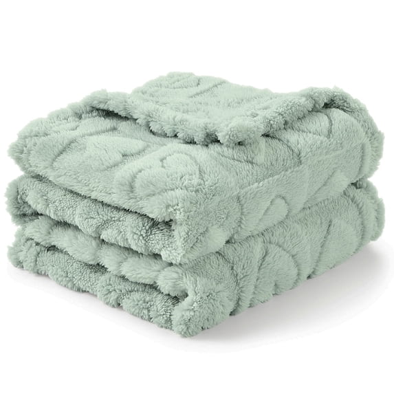 CREVENT Cozy Plush Light Green 3D Heart Checkered Sherpa Baby Receiving Blanket