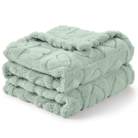 CREVENT Cozy Plush Light Green 3D Heart Checkered Sherpa Baby Receiving Blanket