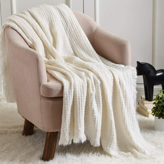 CREVENT Plush Throw Blanket for Home Decoration, Soft Warm Cozy Light Weight for Summer Fall (50''X60'' Off White/Ivory/Cream)