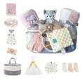 thumbnail image 1 of CREVENT Set for Girls -Diaper Caddy Organizer Basket with 2 Blankets, 1 Taggie, 1 Lovey, 3 Socks，1 Headband，1 Gift Bag with Ribbon - Newborn Essential Gift Set (Pink), 1 of 9
