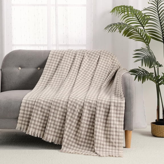 CREVENT Soft Warm Farmhouse Plaid Tan Knitted Throw Blanket,50''x60''