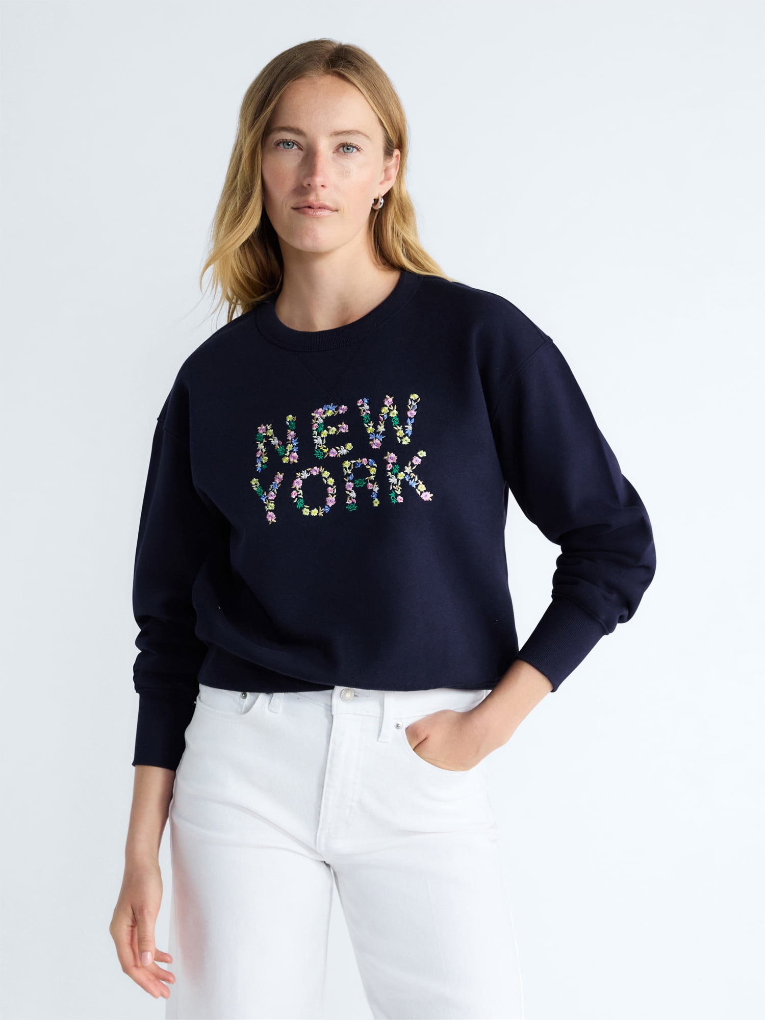 Free Assembly Women's and Women's Plus New York Embroidered Shrunken Sweatshirt, Sizes XS-4X
