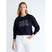 Women's and Women's Plus New York Embroidered Shrunken Sweatshirt, Sizes XS-4X