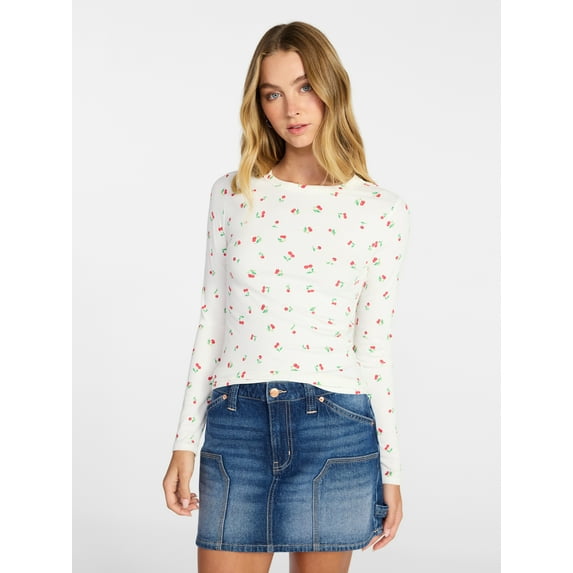 No Boundaries Ribbed Crewneck Tee with Long Sleeves, Women's XXS-XXL