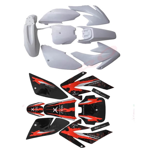 CRF70 White Plastic Fender Fairing Body Work Set, Plastics Fairing Kit with Graphics for CRF70 Chinese Mini Dirt Pit Bike 70cc 90cc 110cc 125cc 150cc 140cc 160cc 200cc Taotao DB17